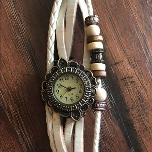 Leather band flower watch face with wooden beads